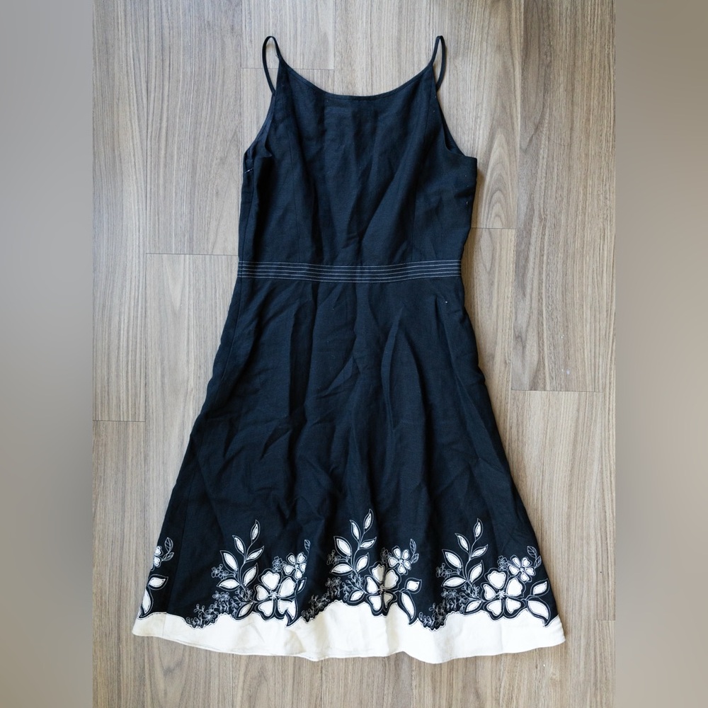 Ann Taylor Black White Floral Embroidered Linen Midi Dress Sz 4 Cottagecore